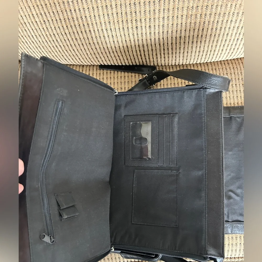 Black Leather Messenger Bag Laptop Work Crossbody Organizer
